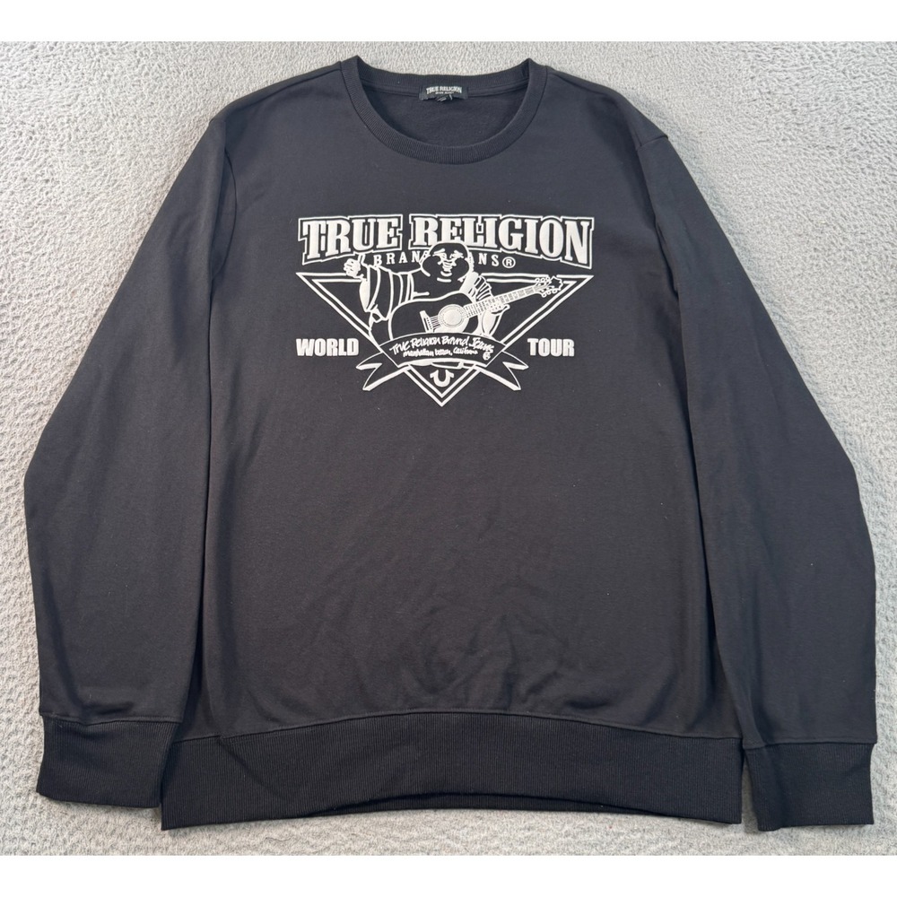True Religion Sweatshirt Men's Large Black Knit Cotton Rocking Buddha Pullover